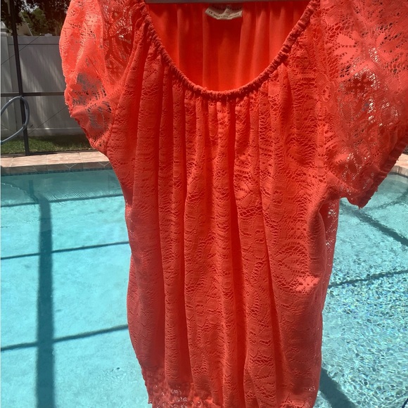 Bobbie Brooks plus size top size 1X hot orange. Lace stretchy round neck… - Picture 6 of 8
